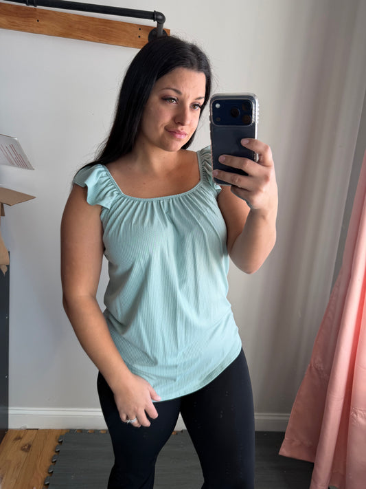 Mint flutter sleeve ribbed top