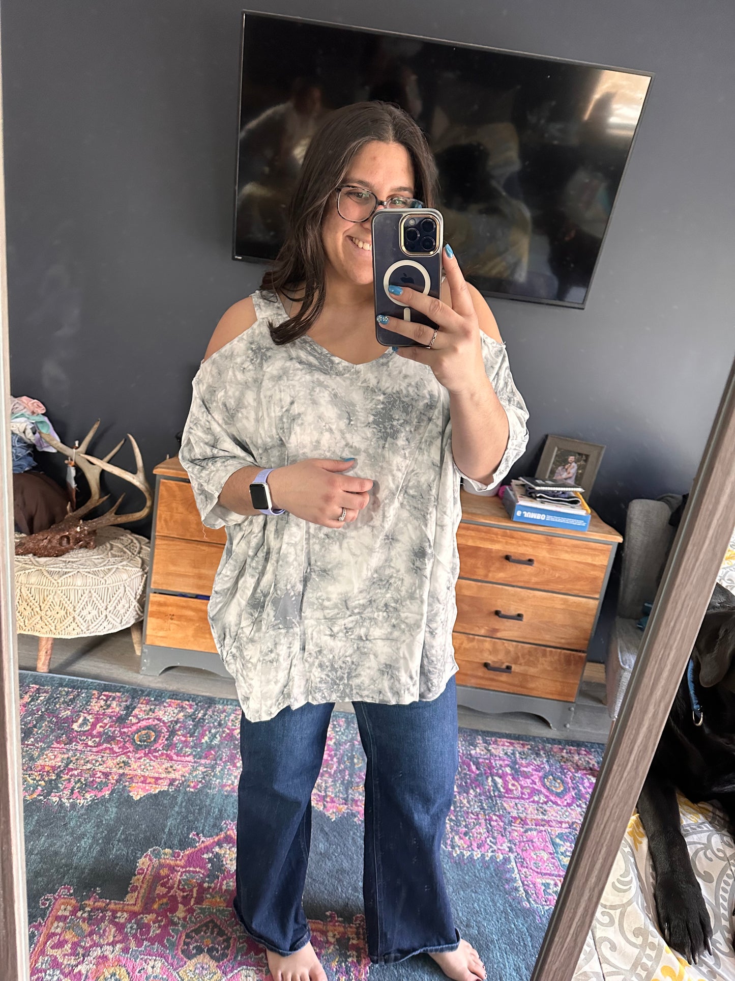 Grey Tie Dye Cold Shoulder Top