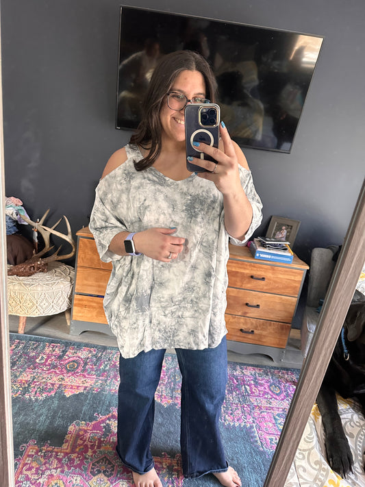 Grey Tie Dye Cold Shoulder Top