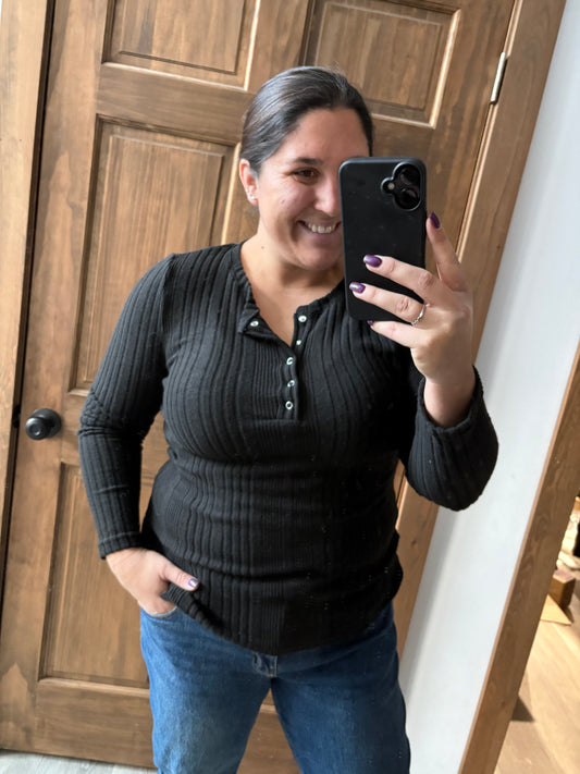 Black ribbed long sleeve Henley