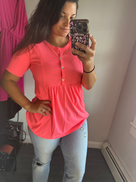 Bright coral button top