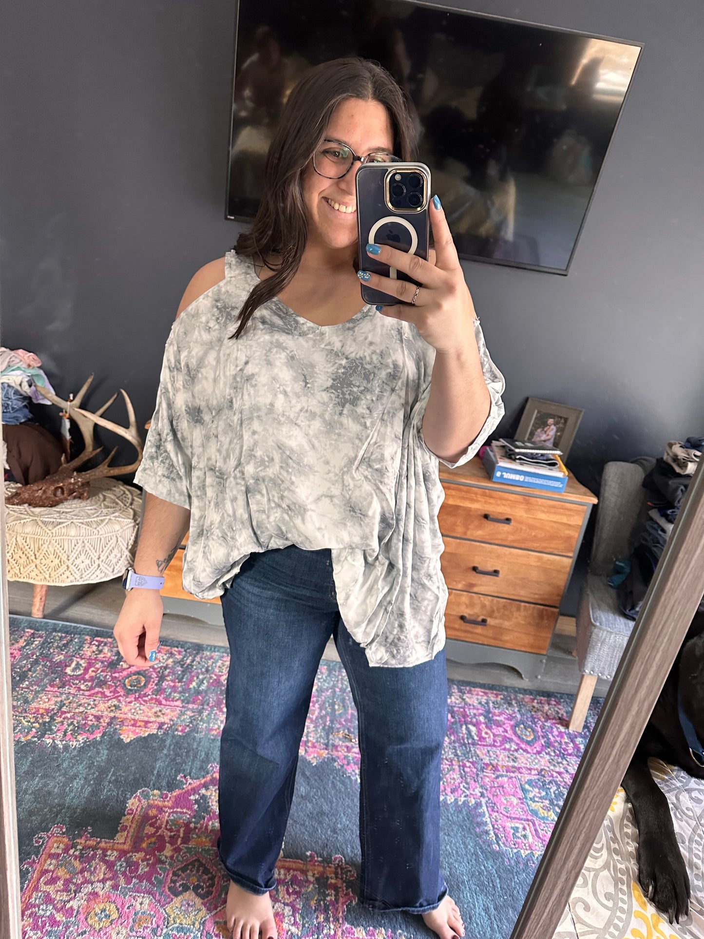 Grey Tie Dye Cold Shoulder Top