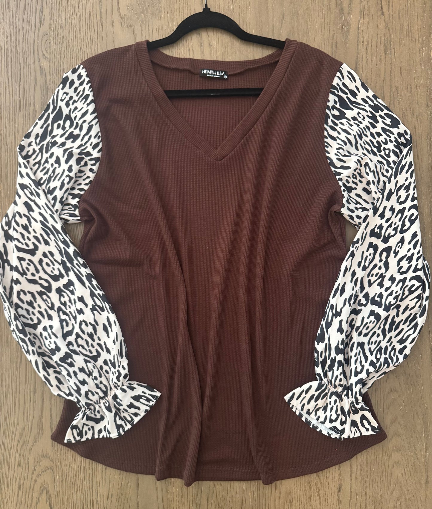 Brown waffle animal print sleeve top