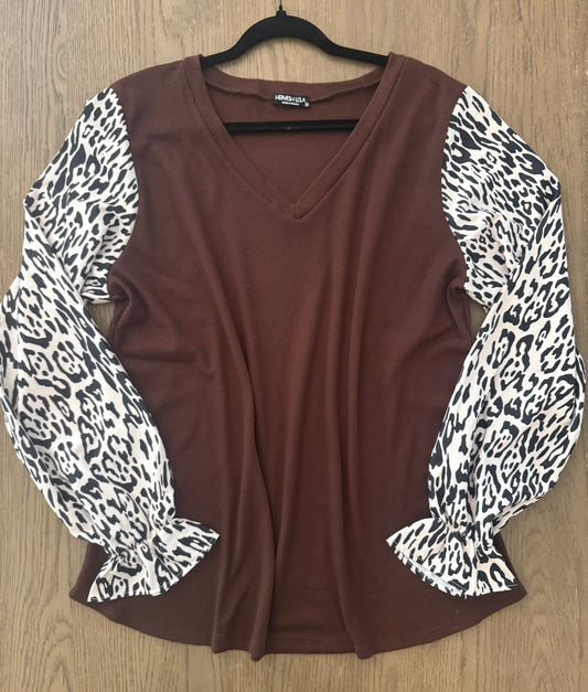 Brown waffle animal print sleeve top