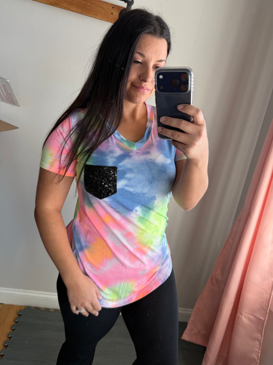 Bright tie dye sequin pocket top