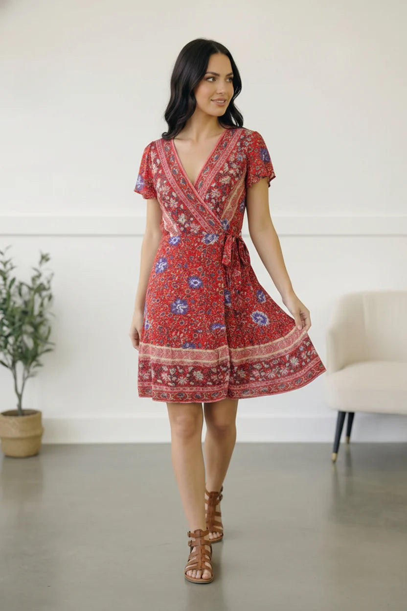 Red Boho Wrap Dress