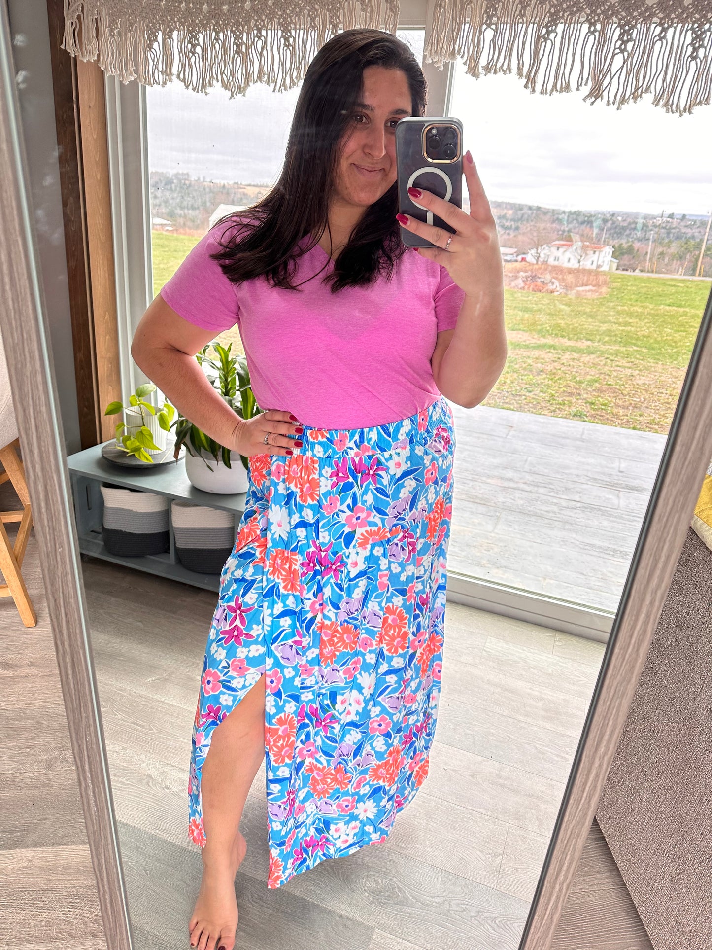 Blue Floral Slit Hem Skirt