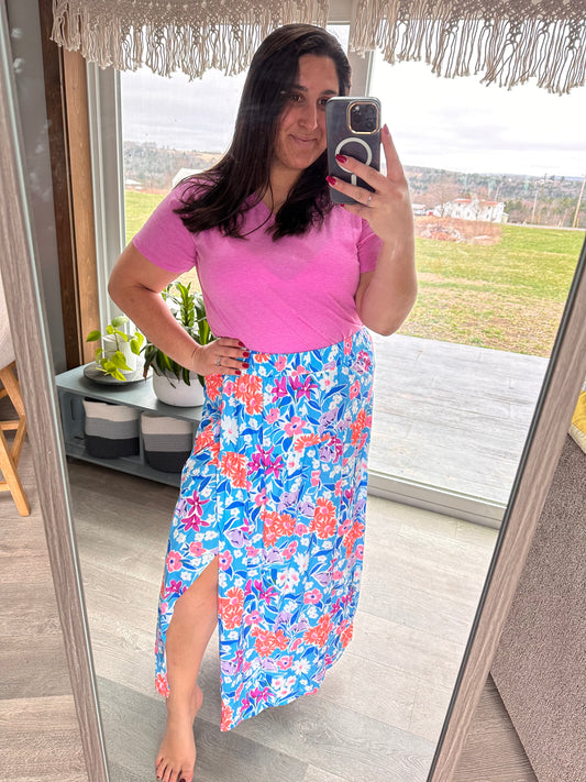 Blue Floral Slit Hem Skirt