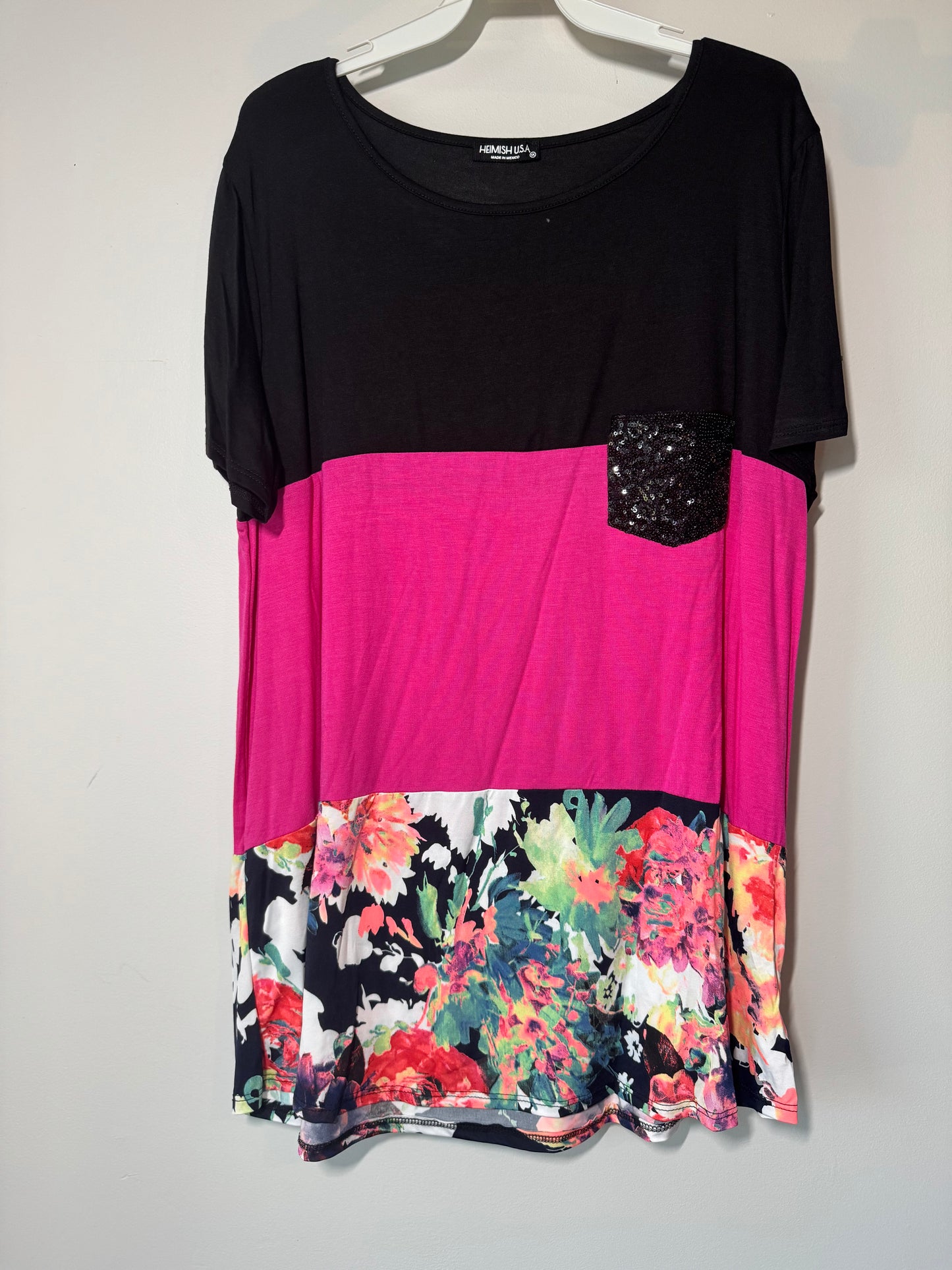 Black/ pink/ floral color block top