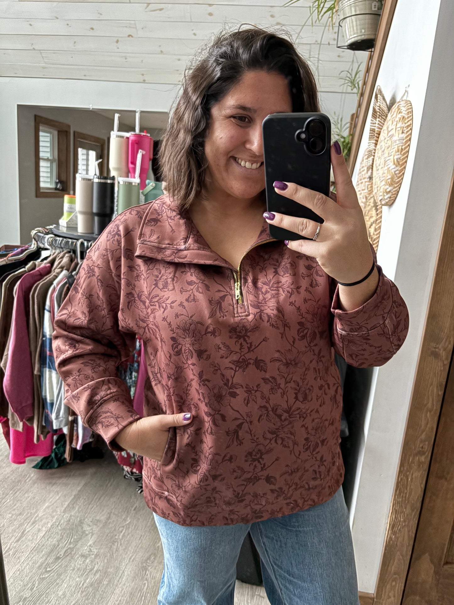 Brown Floral 1/4 Zip