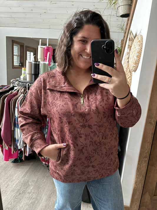 Brown Floral 1/4 Zip