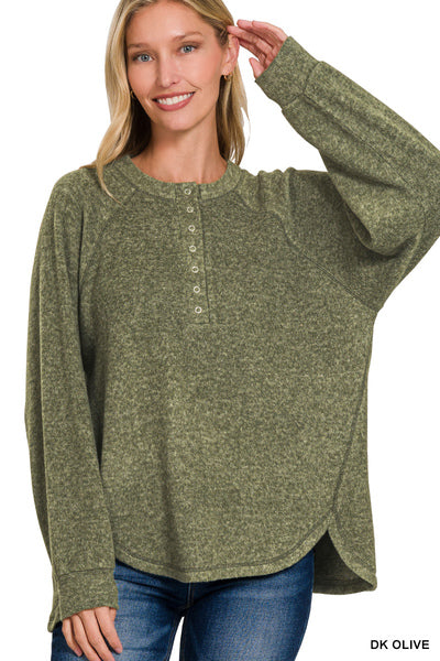 Dark Olive Melange Button Long Sleeve