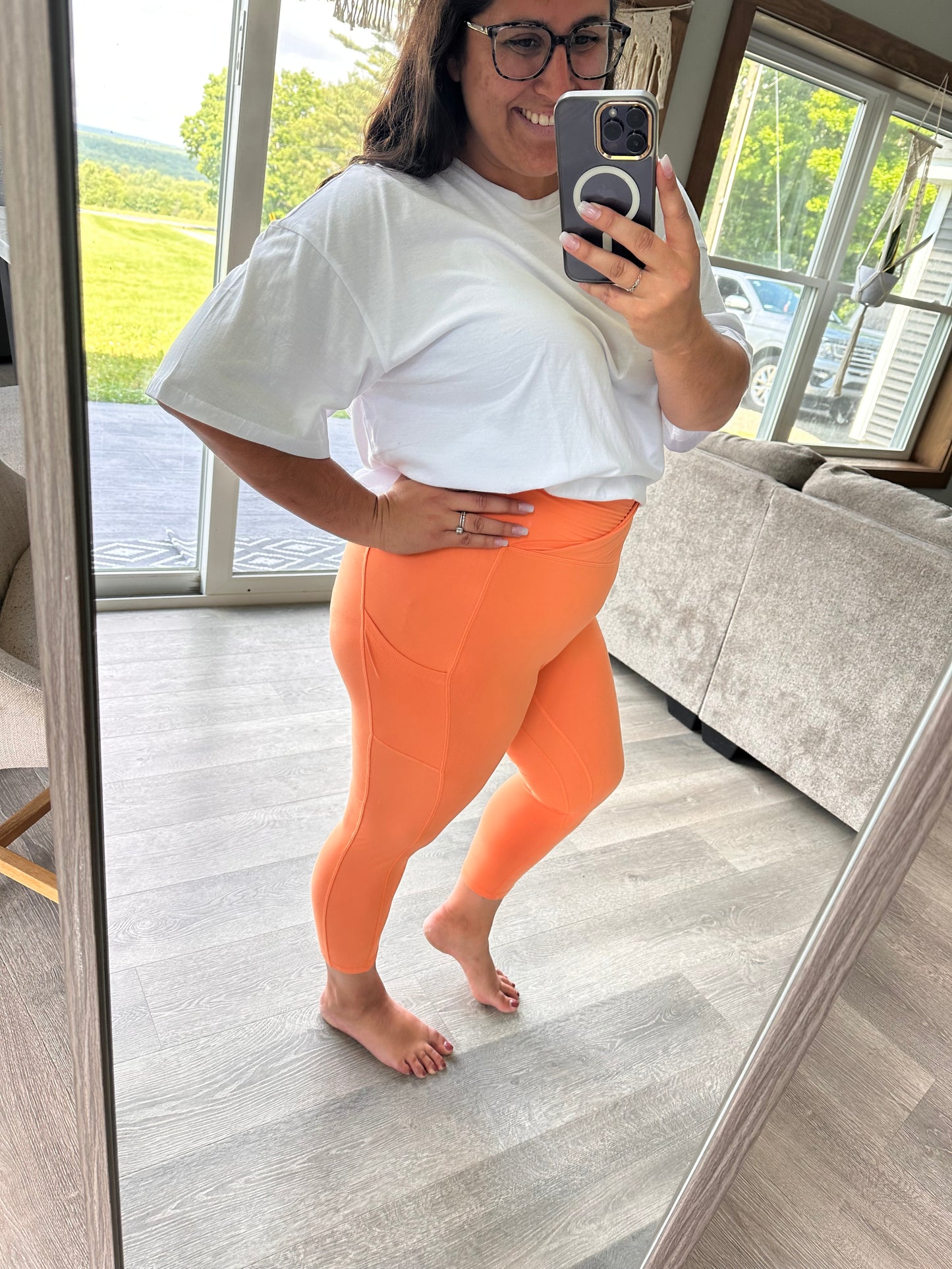 Sunset Orange V Waist Capri Leggings