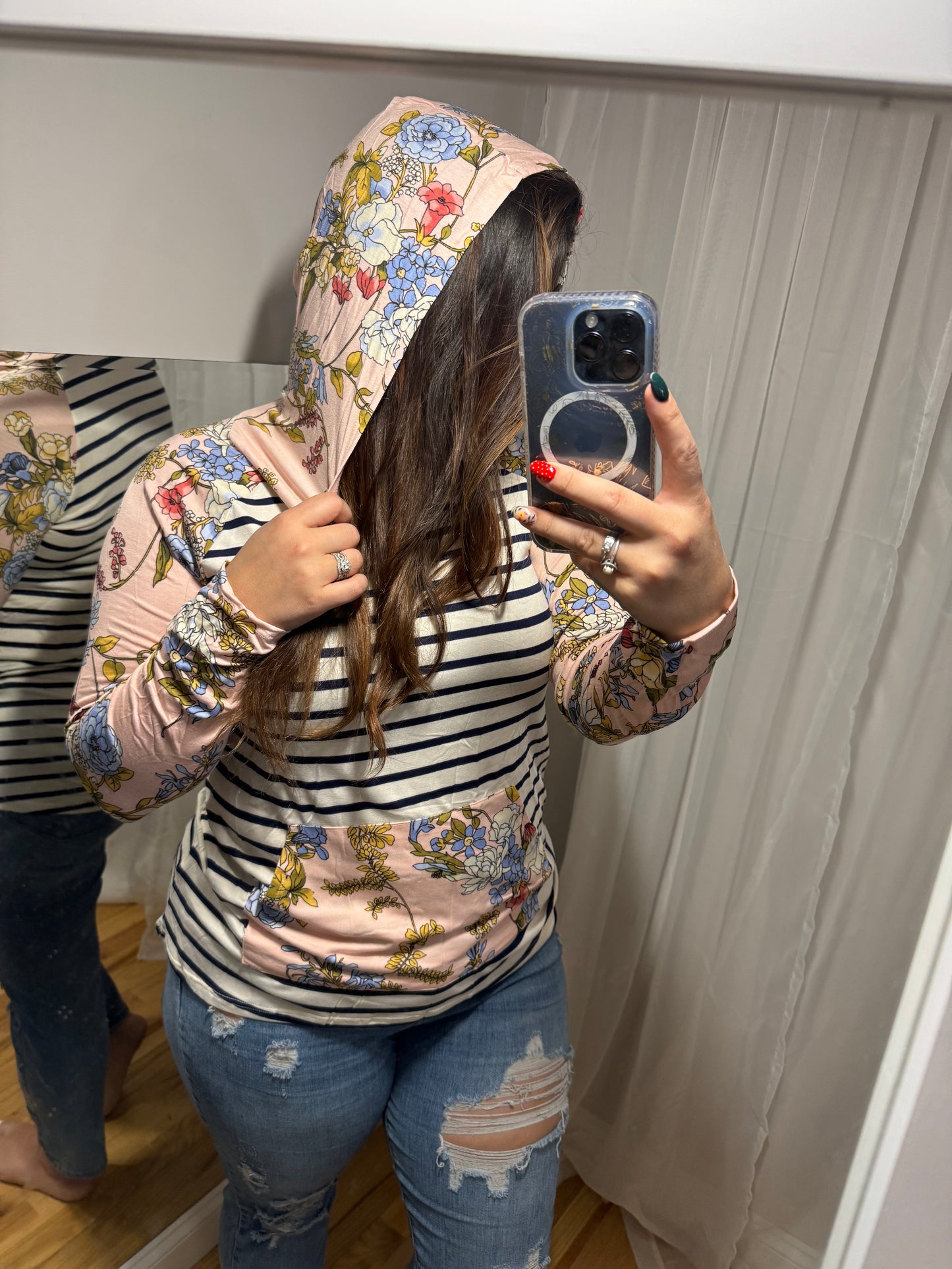 Blush floral striped hoodie