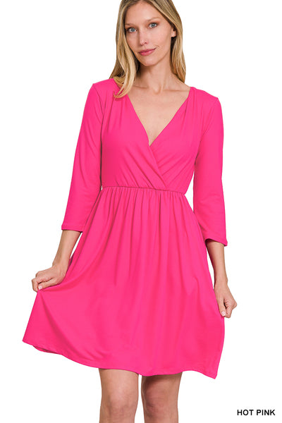 Fuchsia cross neck 3/4 sleeve dress