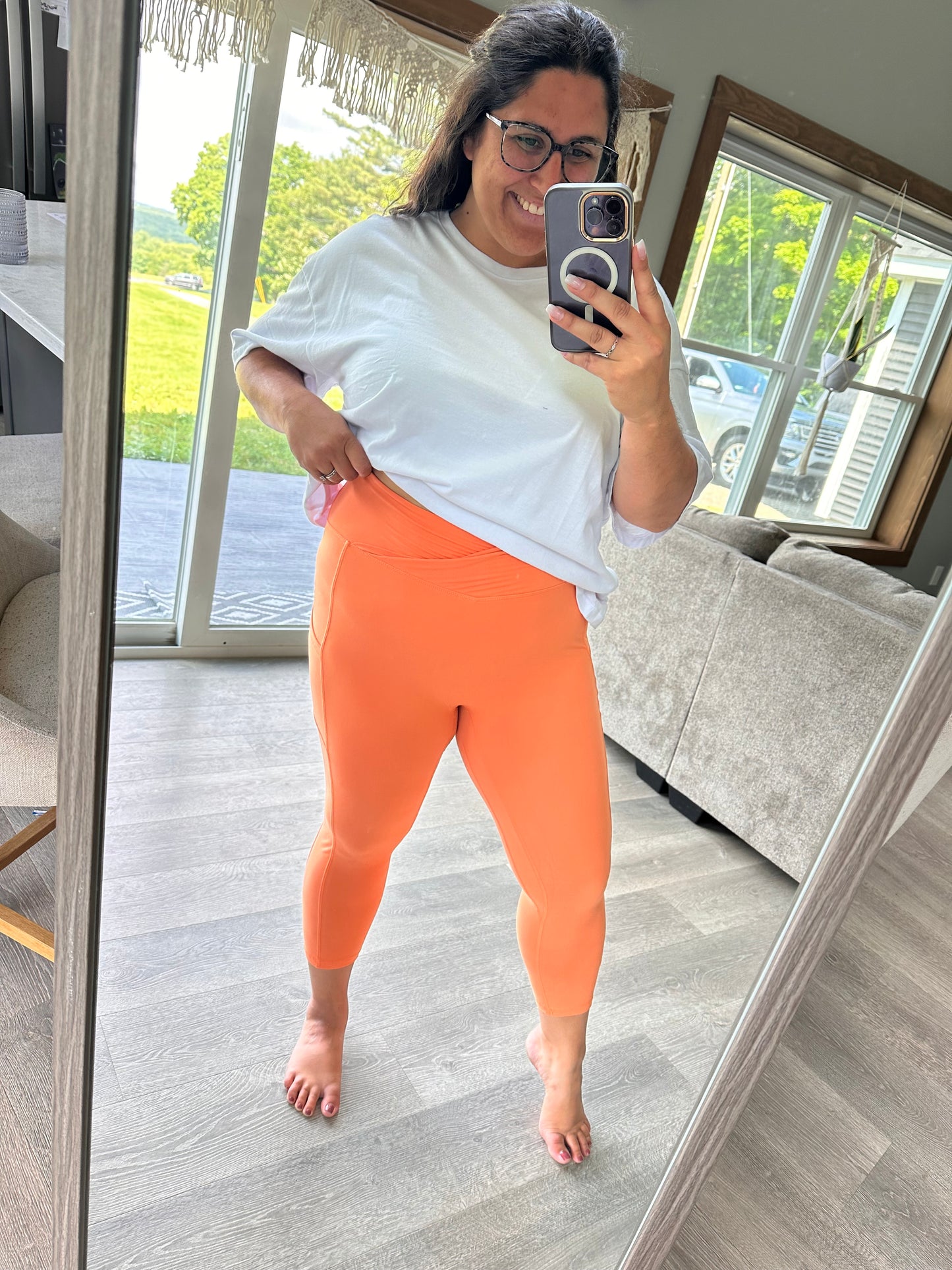Sunset Orange V Waist Capri Leggings