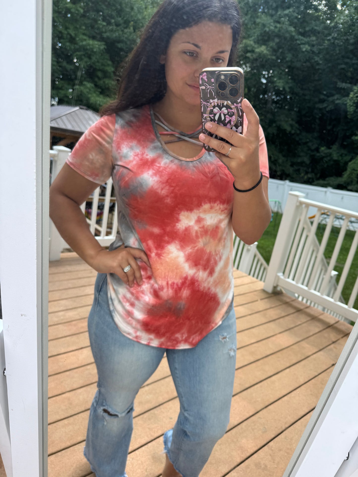 Buttery grey pink tie dye cross neck tee