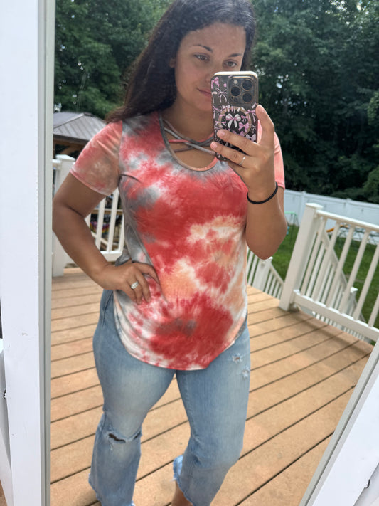 Buttery grey pink tie dye cross neck tee