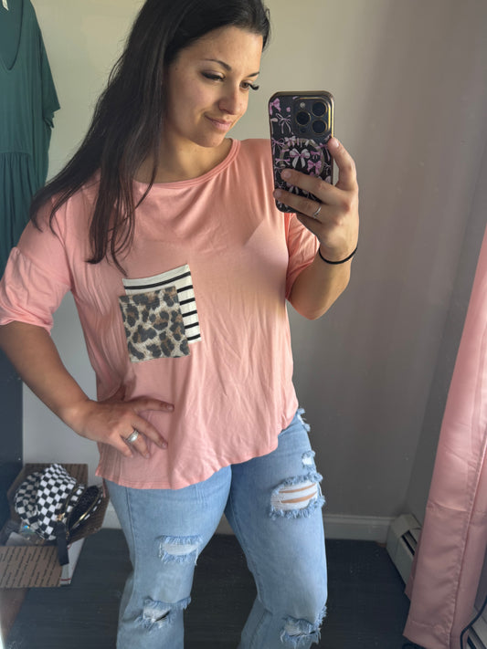 Peach cheetah/stripe pocket tee