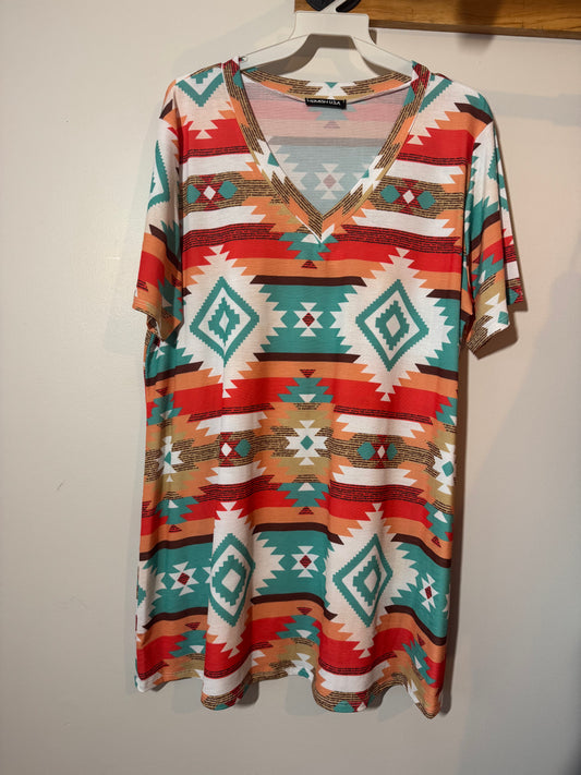 Teal/ orange Aztec top