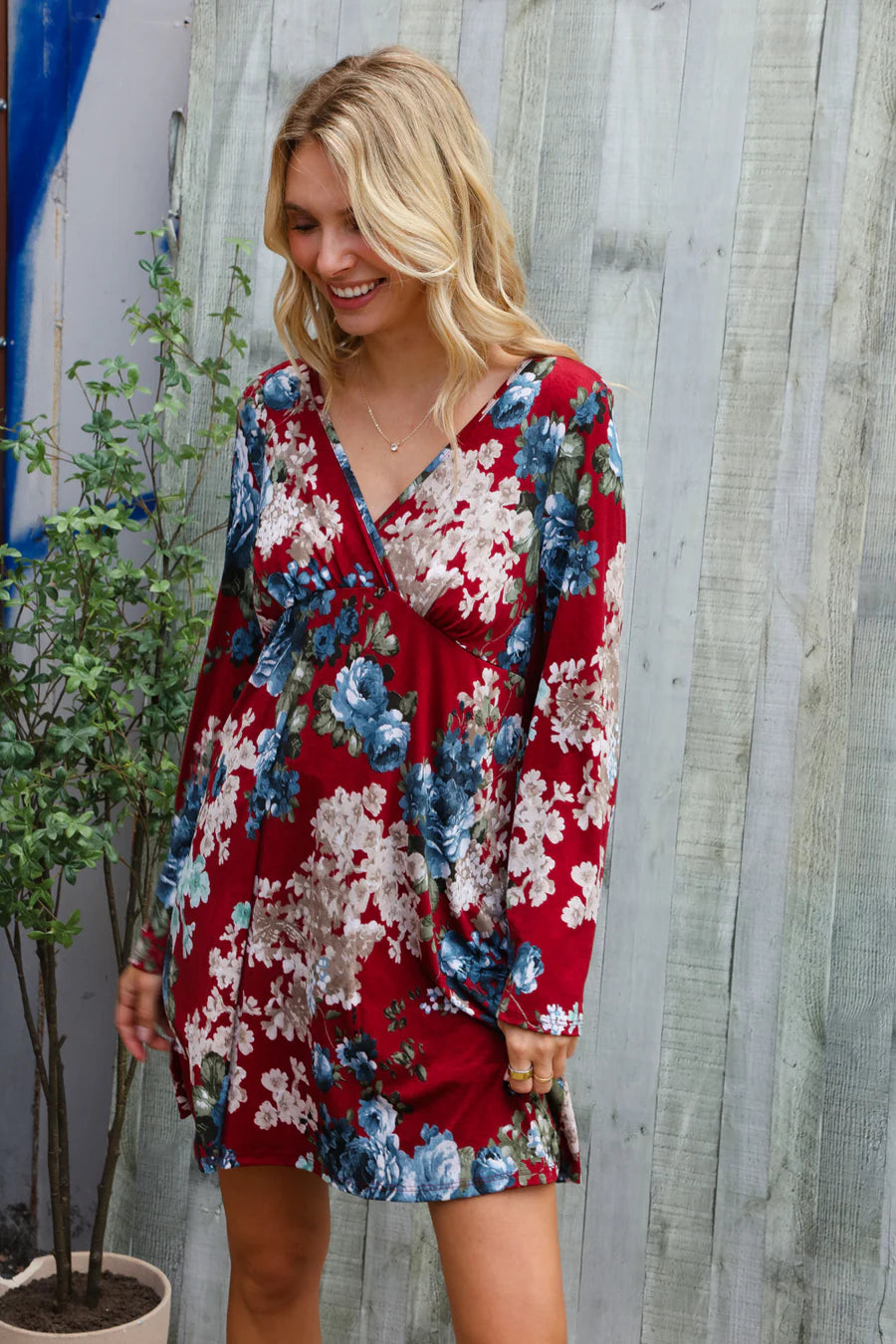Burgundy floral print dress