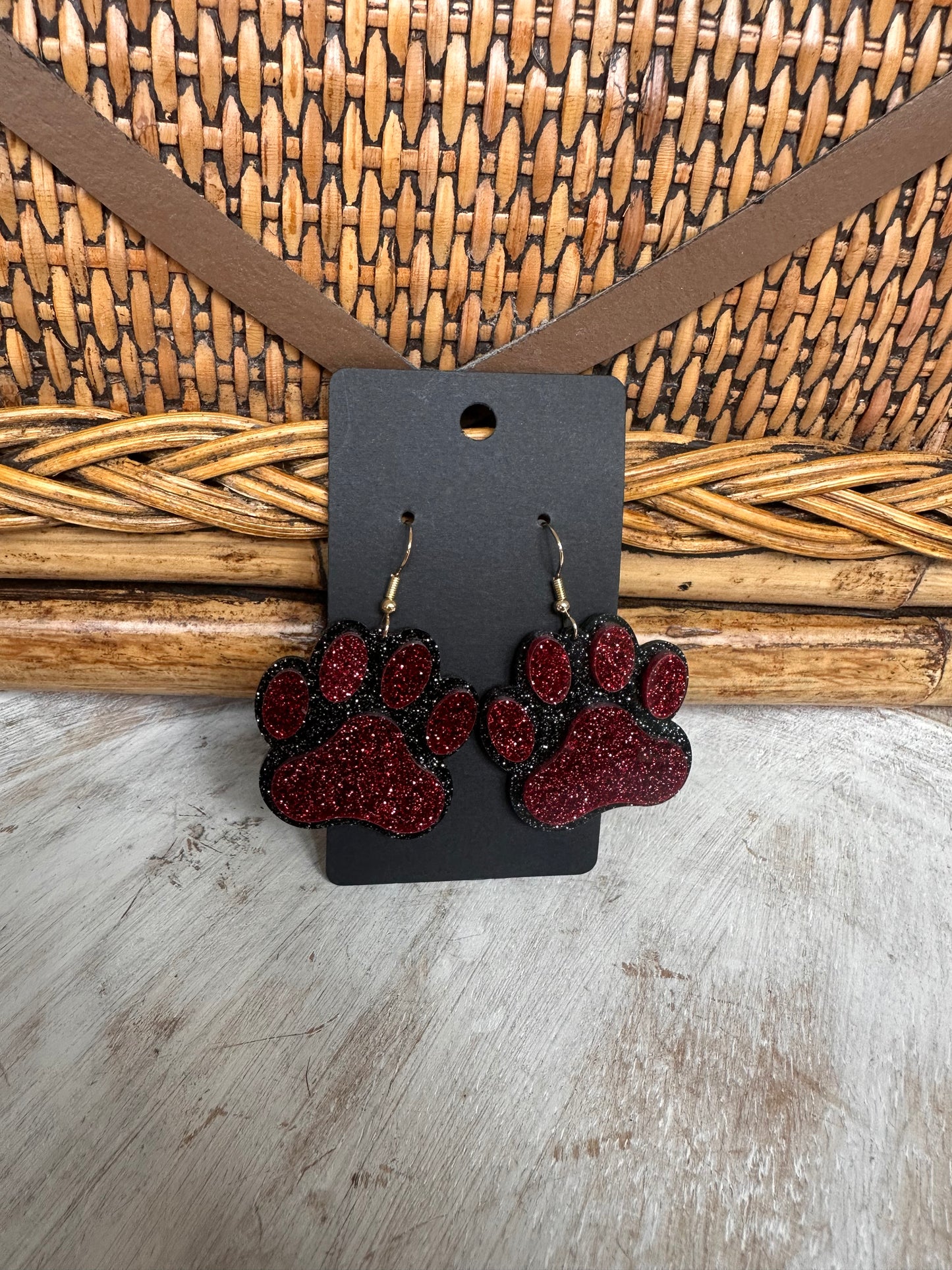 Black & Maroon Paw Print Earrings