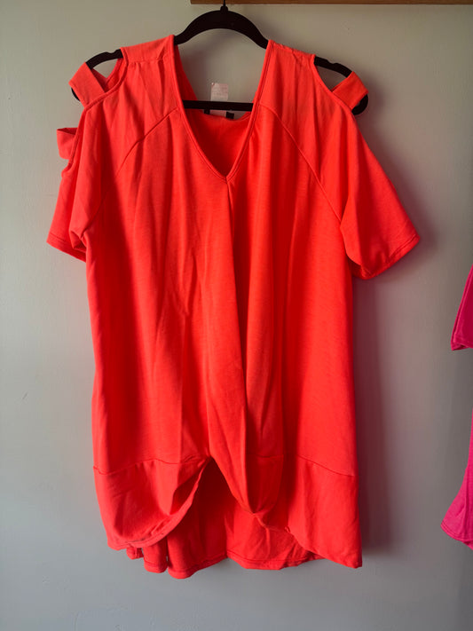 Bright coral lattice shoulder top