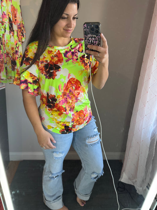 Neon yellow floral top