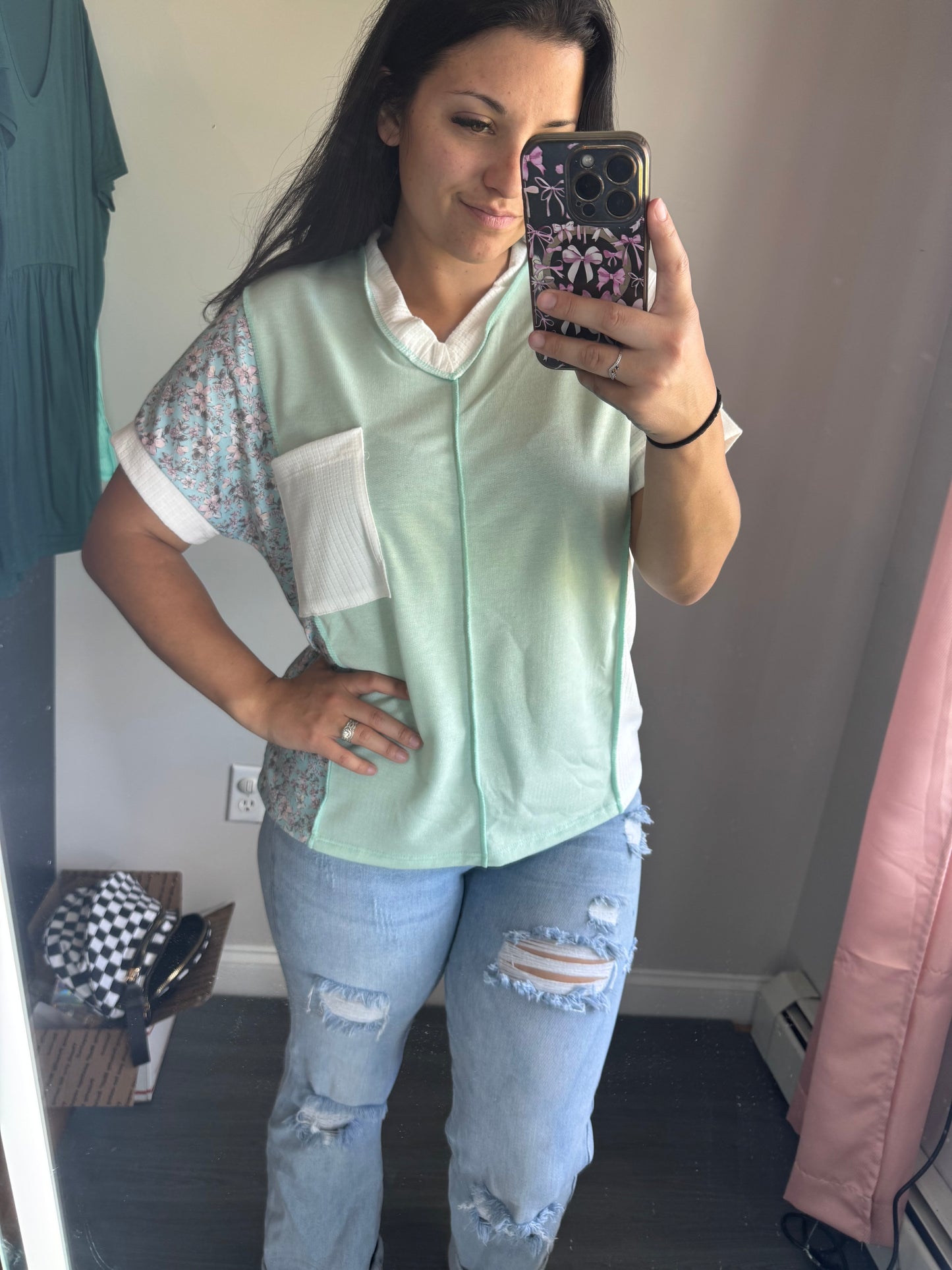 Mint floral colorblock tee