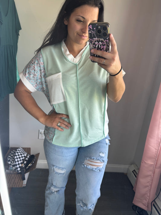 Mint floral colorblock tee