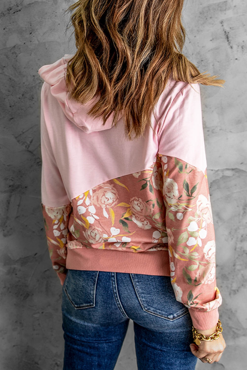 Floral Color Block Drawstring Hoodie