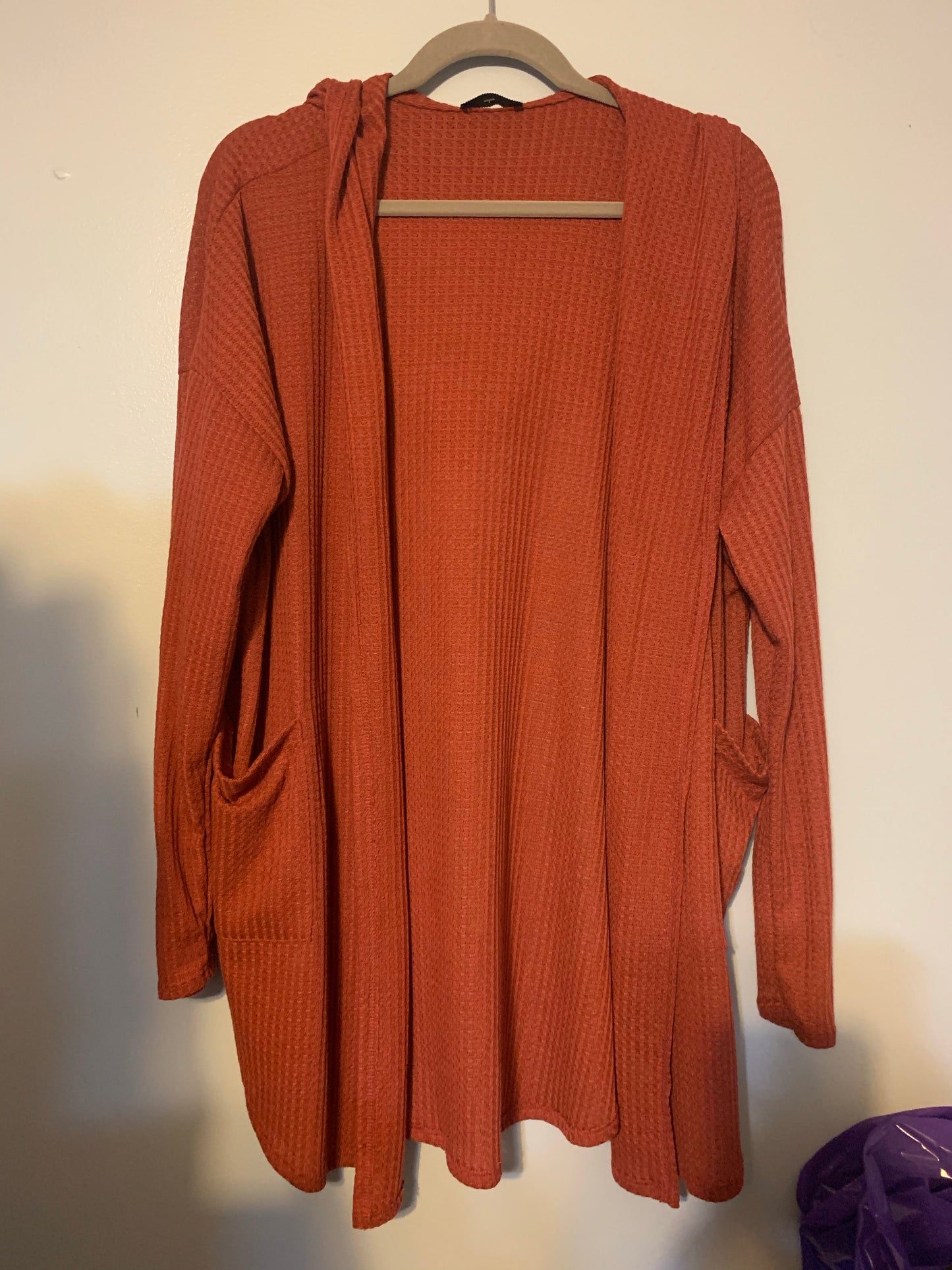 Rust waffle cardigan with hood