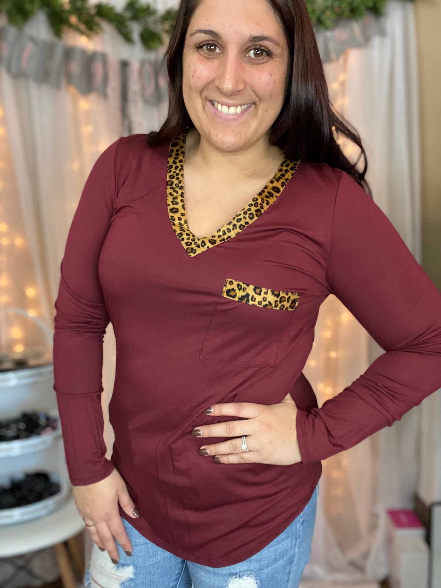 Maroon Cheetah Trim Top