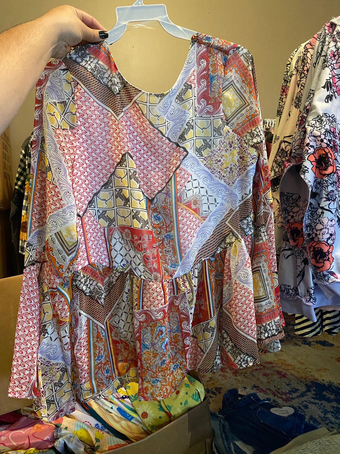 Quilt pattern bell sleeve top