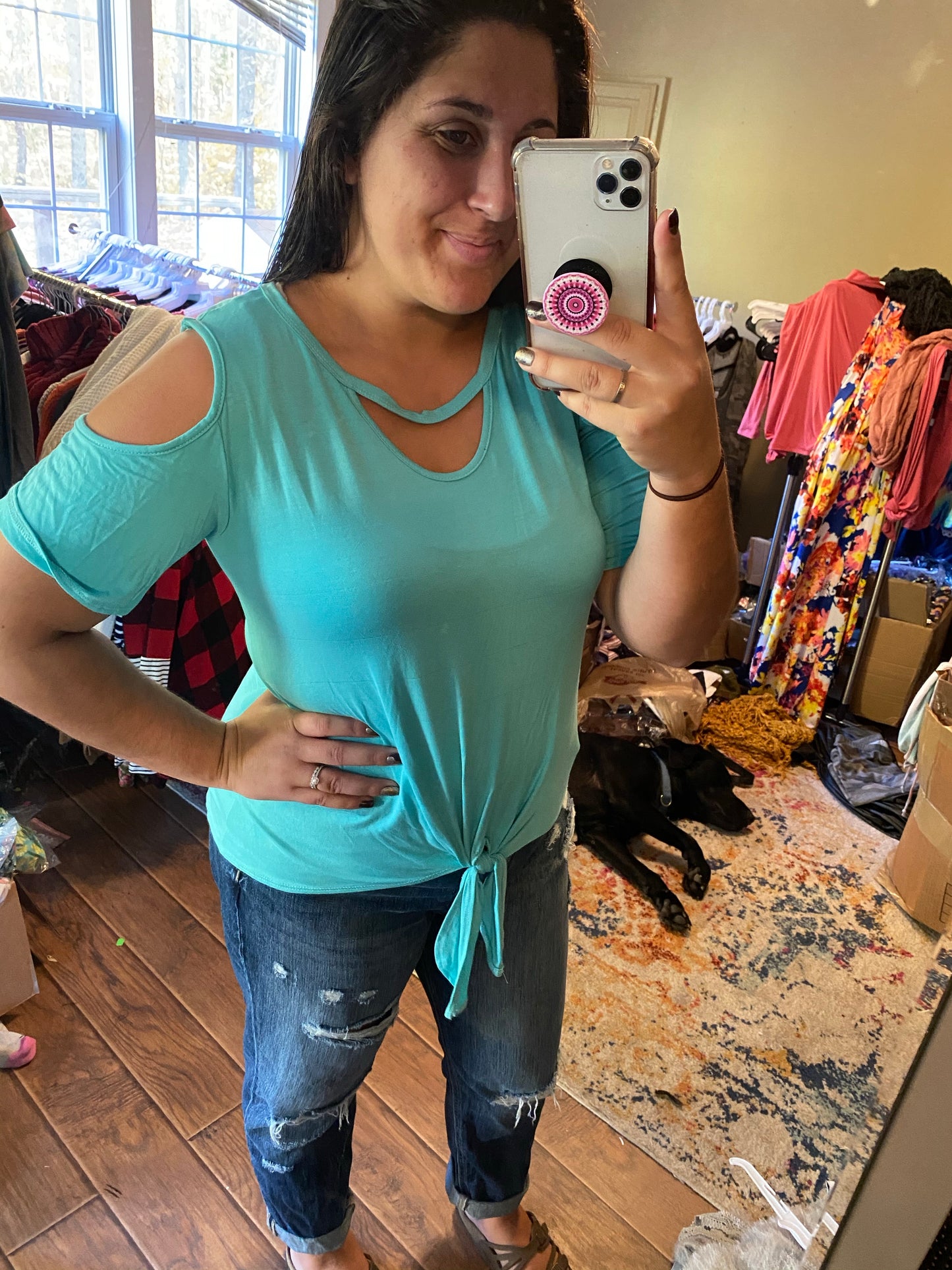 Mint Cold Shoulder Knot top