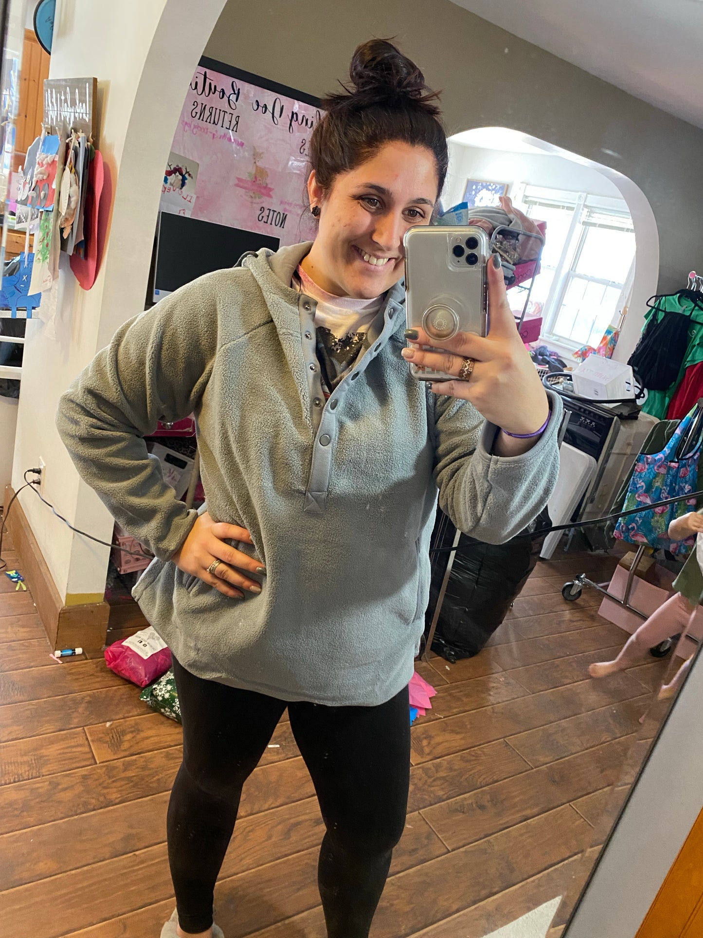 Grey Hooded Fleece Pullover